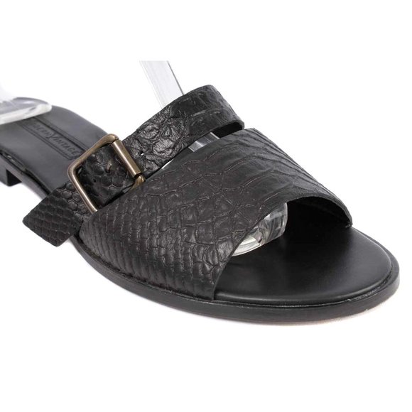 🍍MODERN VINTAGE Black Croc Embossed Slide Sandals - Picture 4 of 8